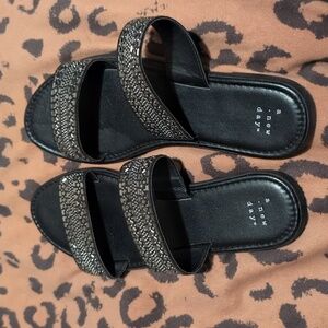 a new day Black Double-Strap Slide Sandals with Studded Detail